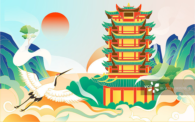 国潮黄鹤楼建筑插画中国风城市地标景点海报图片素材