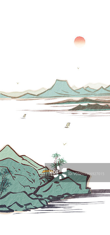 新中式风格山水风景插画图片素材