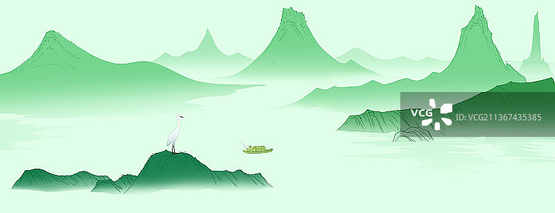 中国风新中式古风古典传统中国画青绿山水画山川地理湖泊风景插画图片素材