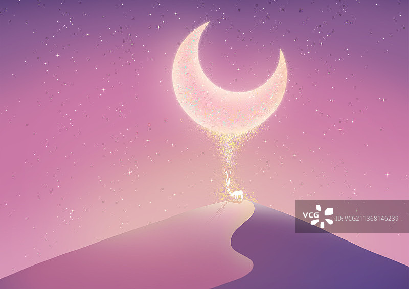 沙漠中沙丘上一只发光的鹿和夜空中的月亮图片素材
