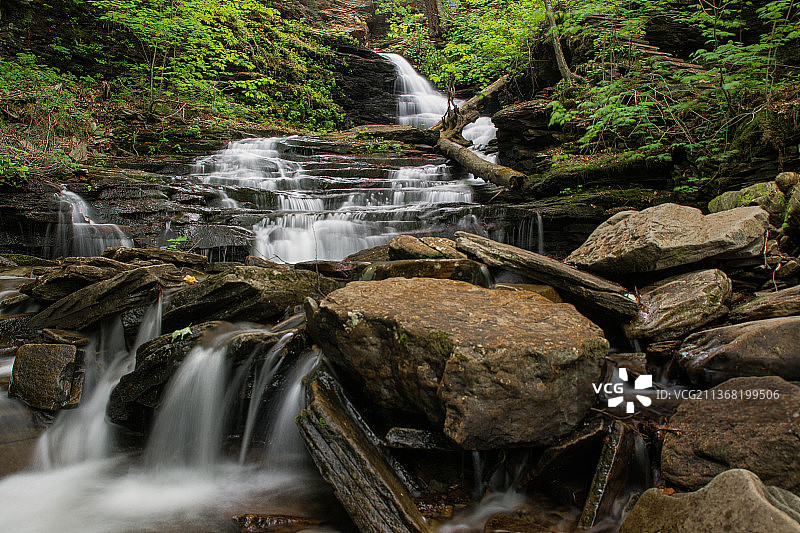 休伦瀑布，森林瀑布景观，本顿，宾夕法尼亚州，美国，美国图片素材
