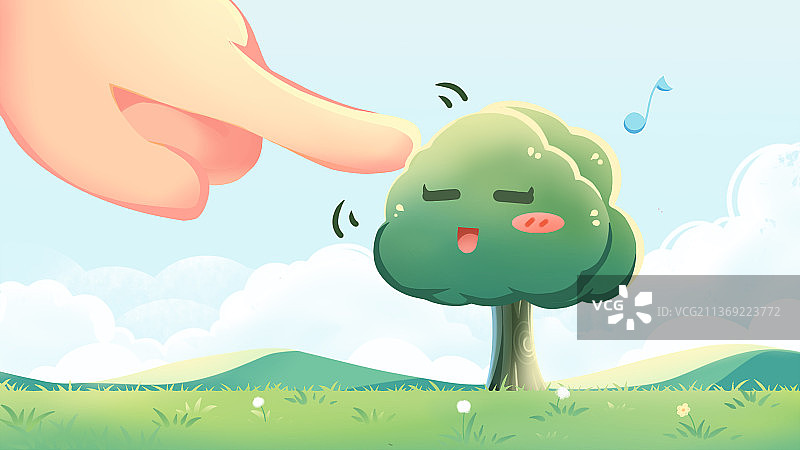 绿色卡通治愈春季植树节插画，用手指轻轻抚摸小树，搭配草地与蓝天图片素材