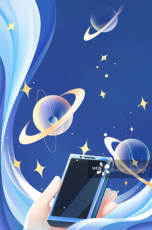 蓝色唯美扁平科技插画，手中拿着智能手机，搭配星球宇宙背景图片素材