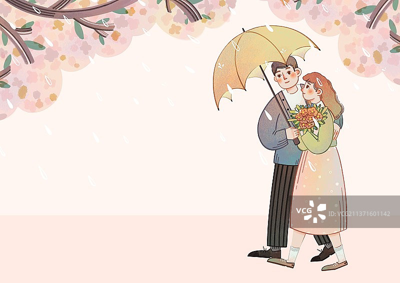 樱花树下-打伞同行的情侣图片素材