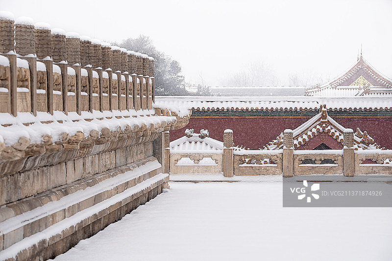 漫天飞雪故宫紫禁城红墙和汉白玉月台图片素材