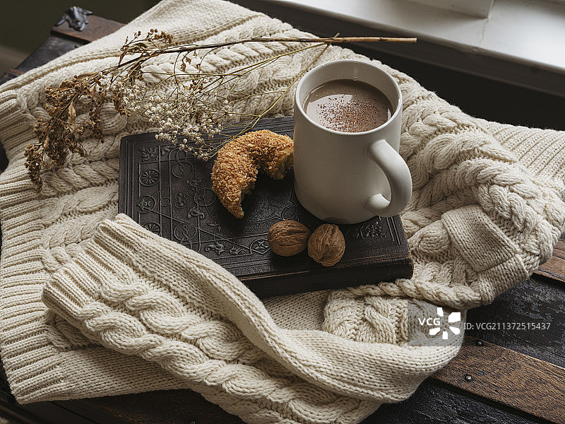 高视角的咖啡与饼干和毛衣在桌子上舒适的早餐，瓦克斯肖，北卡罗莱纳州，美国，美国图片素材
