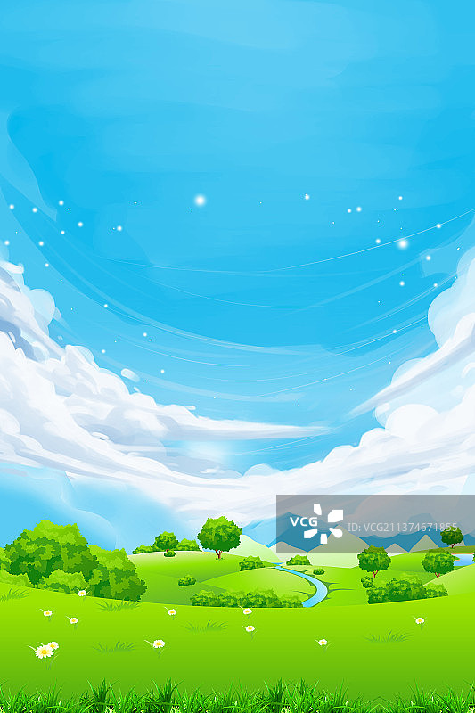 卡通手绘春天的绿草地蓝天白云背景图图片素材
