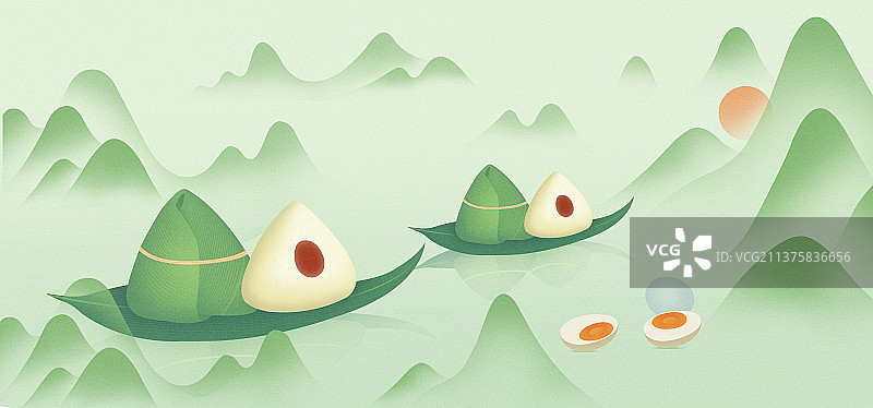 端午节美味粽子枣粽豆沙粽咸鸭蛋中国风山水插画图片素材