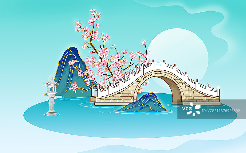 国风拱桥春花月石图图片素材