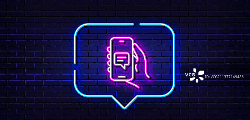 聊天应用程序线图标手握电话标志霓虹灯图片素材