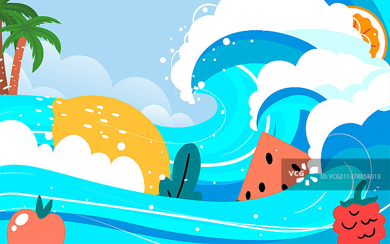 夏天美女海边冲浪插画夏日海滩浪花风景海报图片素材