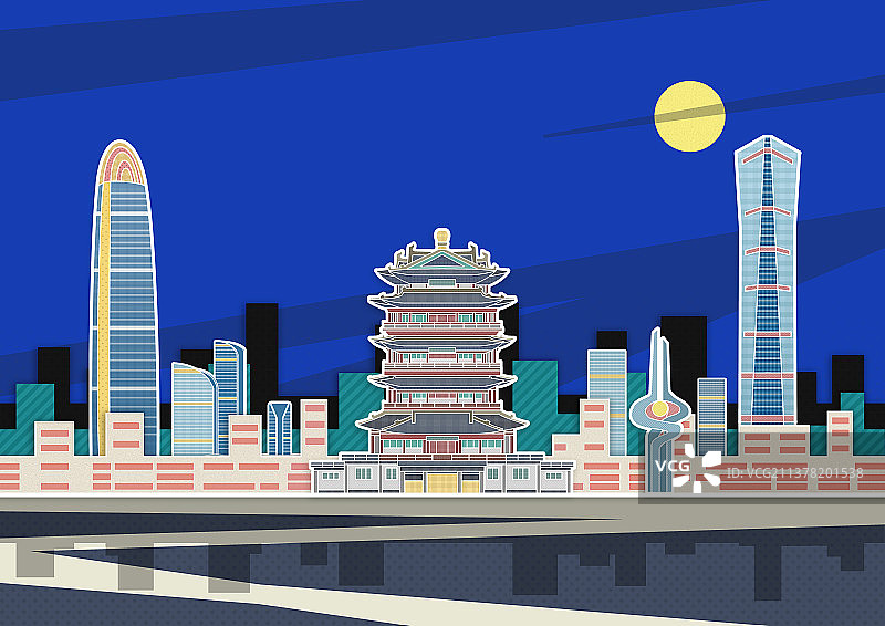 济南市夜景标志插画图片素材