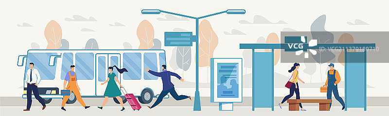 乘客在城市公交车站平面概念图片素材