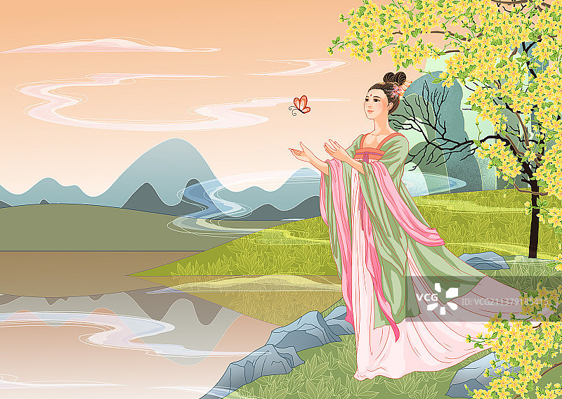 中国国风国潮新中式古代古风汉服少女背景插图图片素材