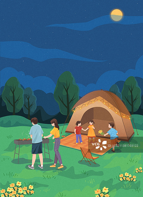 家庭露营野餐烧烤帐篷儿童矢量插画4图片素材