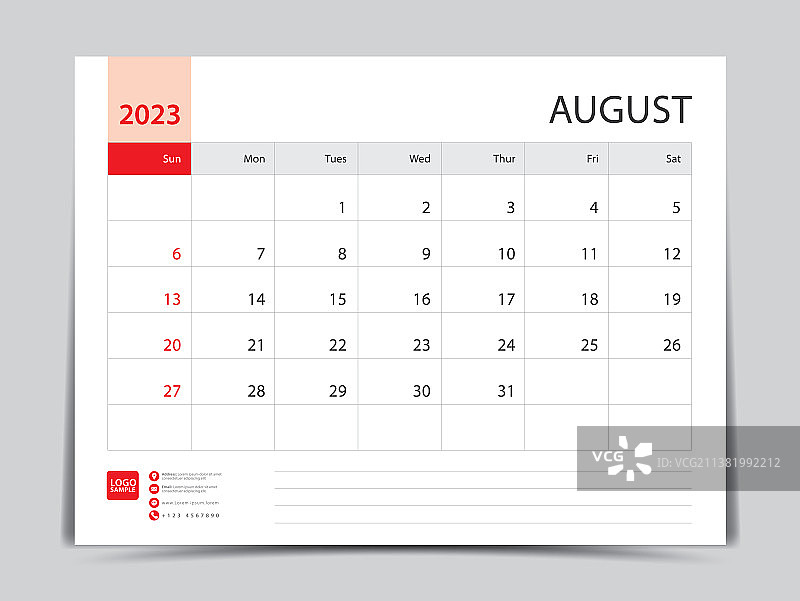 2023年- 8月的月历模板图片素材