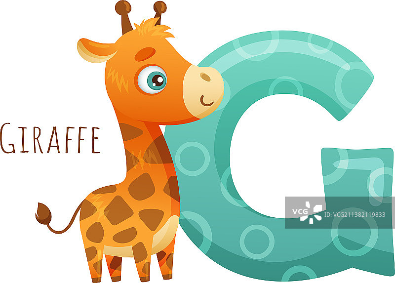 字母G和可爱的长颈鹿宝宝动物园动物图片素材