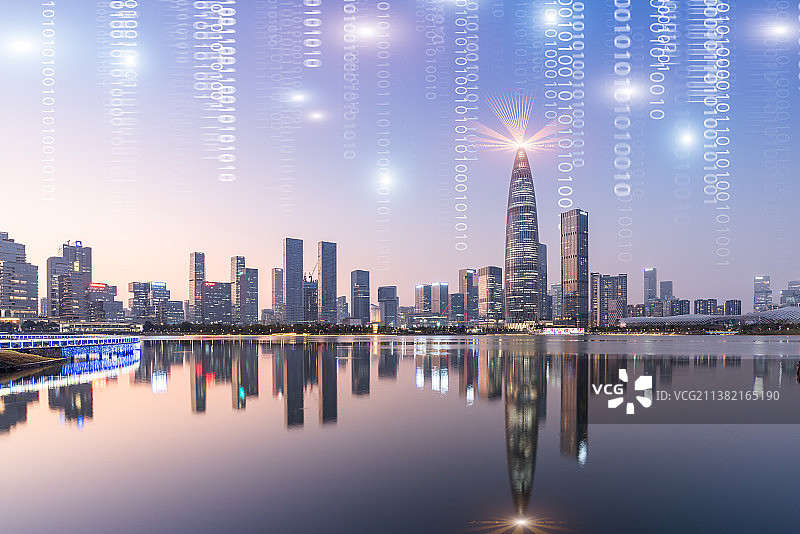 深圳后海金融区城市天际线和科技大数据概念图片素材