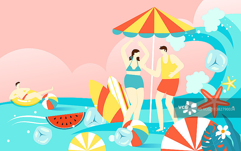 小暑节气人物夏日海滩派对夏天海边游泳插画图片素材