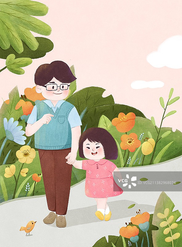 开满鲜花的公园里爸爸拉着女儿的手散步图片素材