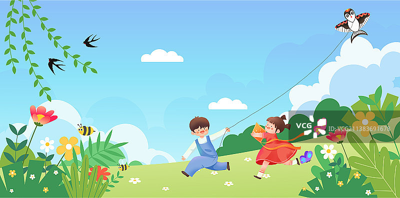 春天放风筝的儿童插画图片素材