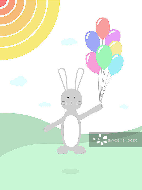 快乐的兔子穿着喜庆的灰色气球飞翔图片素材
