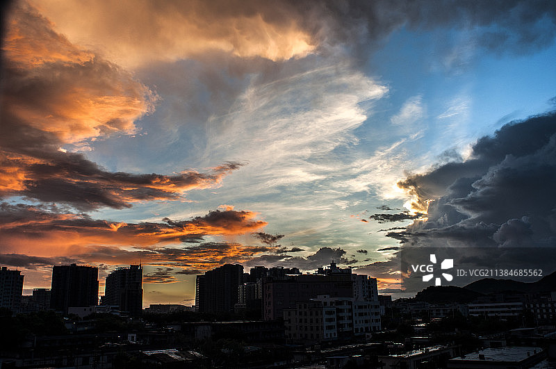 日落时建筑物在天空衬托下的剪影图片素材