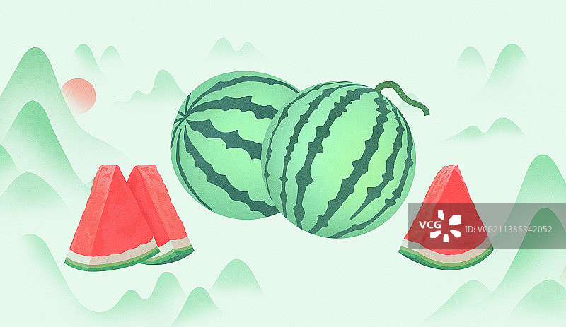 中国风手绘写实逼真夏季秋季新鲜水果西瓜山水插画，水果饮料饮品糖果汽水包装插画，绿色红色水果图鉴图片素材