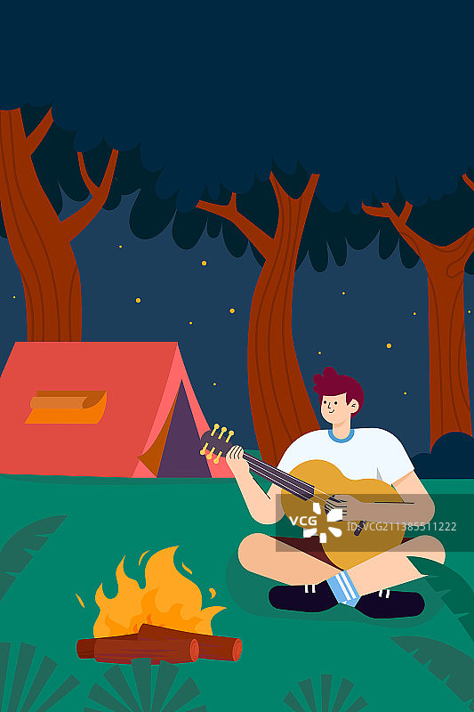 晚上露营弹吉他的年轻人插画图片素材