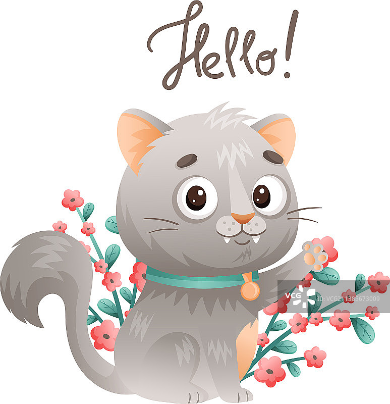 可爱的灰猫，带着花，衣领飘扬图片素材