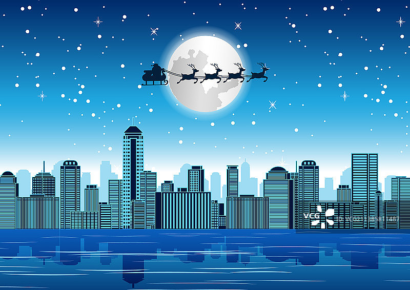 圣诞老人在圣诞之夜飞过摩天大楼图片素材