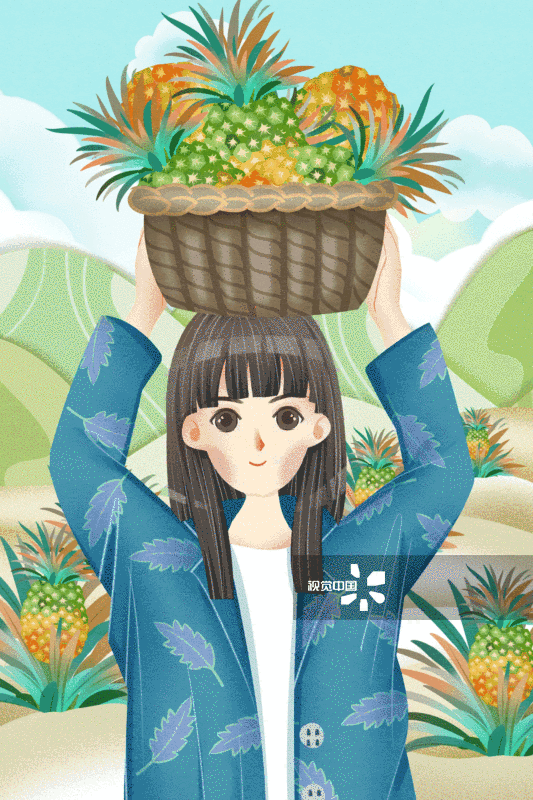 可爱女孩果园推销水果菠萝插画-GIF动图图片素材