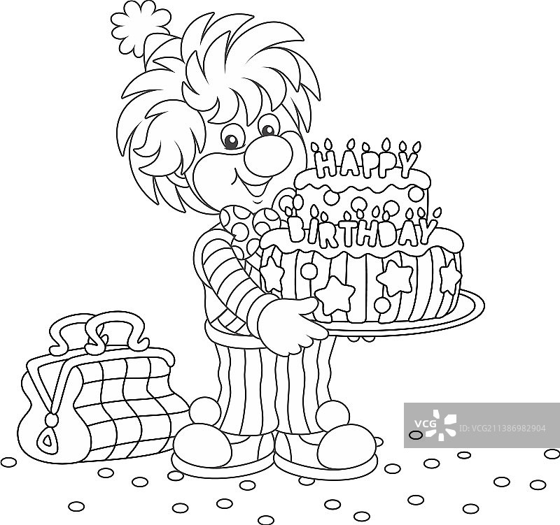 滑稽的马戏团小丑和生日蛋糕图片素材