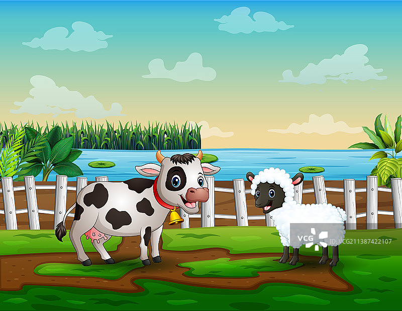 卡通农场里的牛和羊图片素材