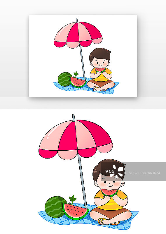 男孩太阳伞下吃西瓜图片素材