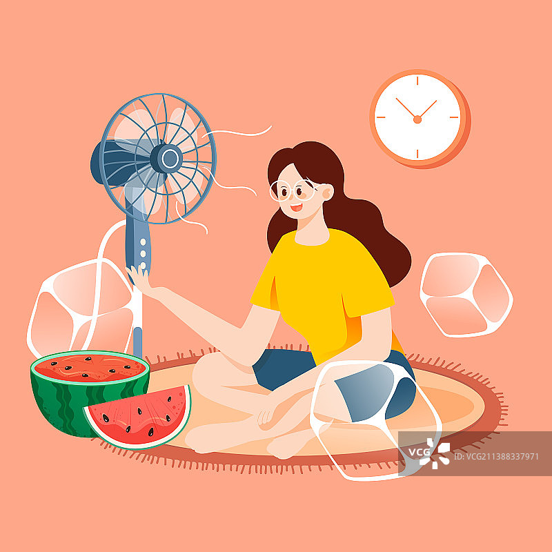 小暑大暑节气女孩居家吹风扇吃西瓜矢量插画图片素材