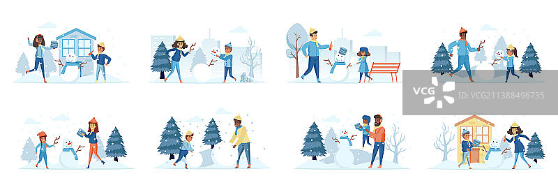 堆雪人的场景与扁平的人图片素材