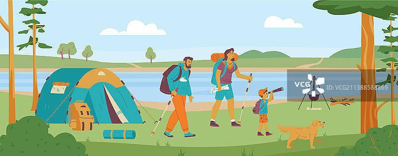 一家三口的游客背着背包在森林里旅行图片素材
