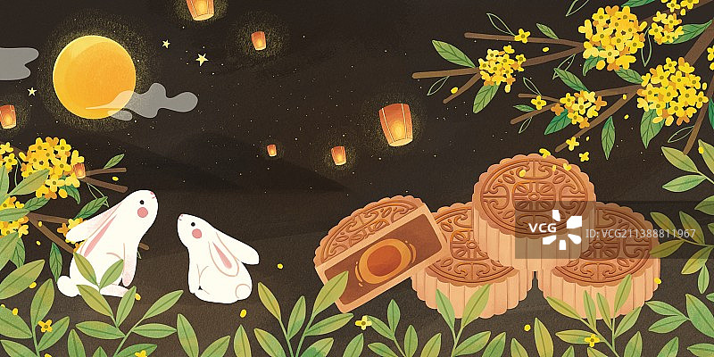 手绘中秋节玉兔月饼桂花枝条和月亮图片素材