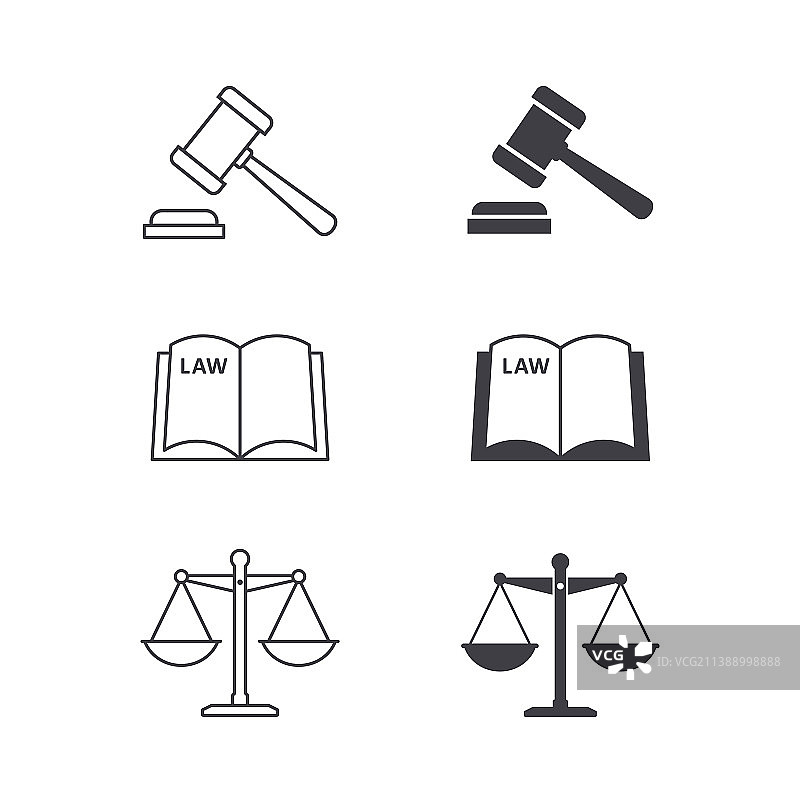 天平法律书和木槌司法图标设置图片素材