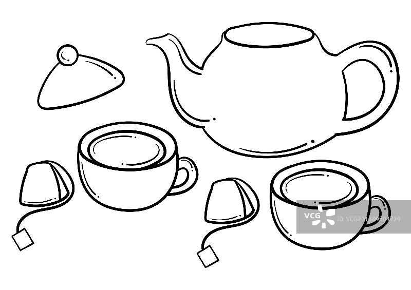 手绘茶壶、茶杯、茶包图片素材
