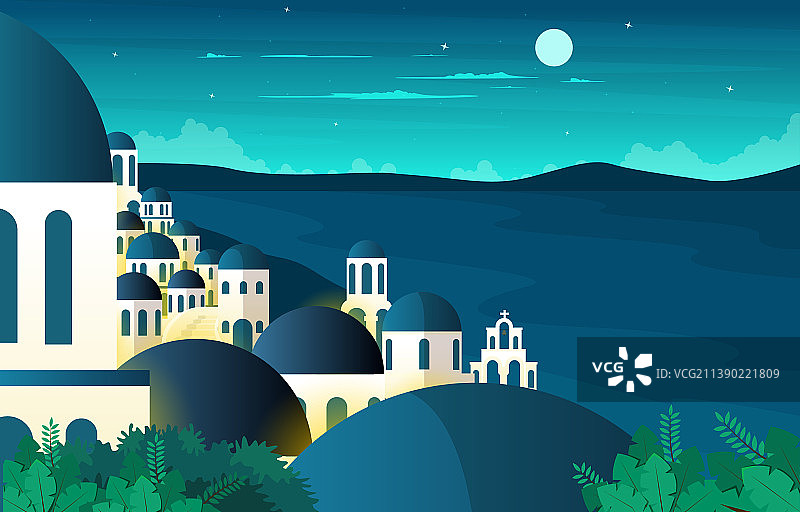 夜圣托里尼海景观希腊夏天图片素材
