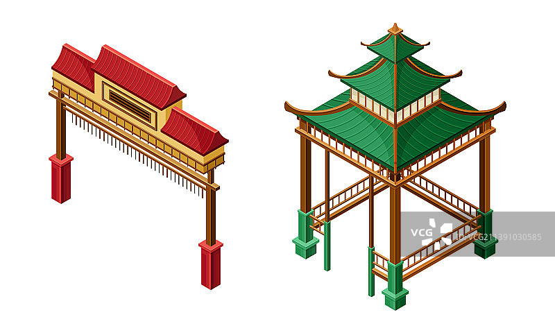 绿色的木质凉亭和大门以东方风格为主图片素材