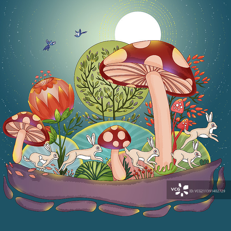 中秋季节夜色月光动物风景绘本插画图片素材