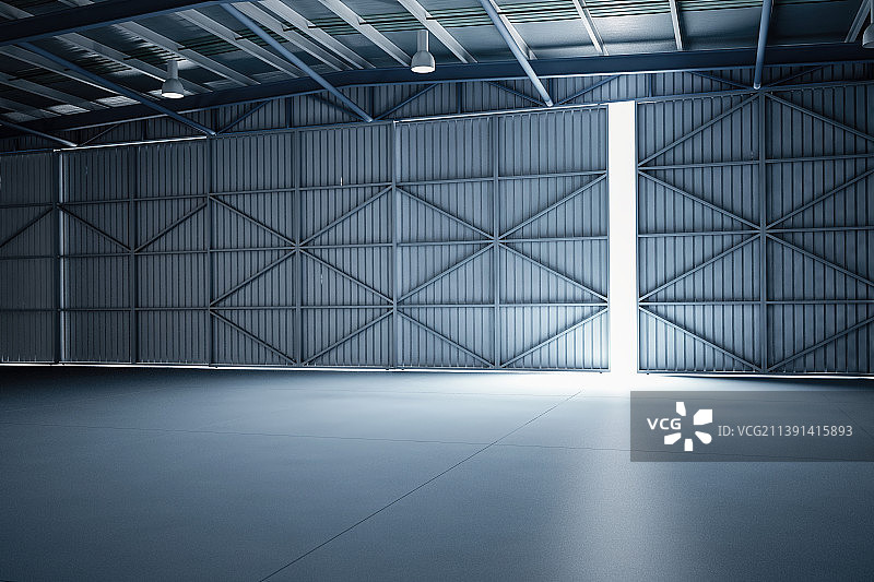 现代工业风格 仓库厂房车间室内空间 3D渲染图 拉开一条缝隙的铁门图片素材