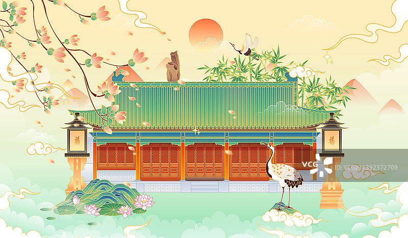 北京恭王府银安殿风景矢量插画图片素材