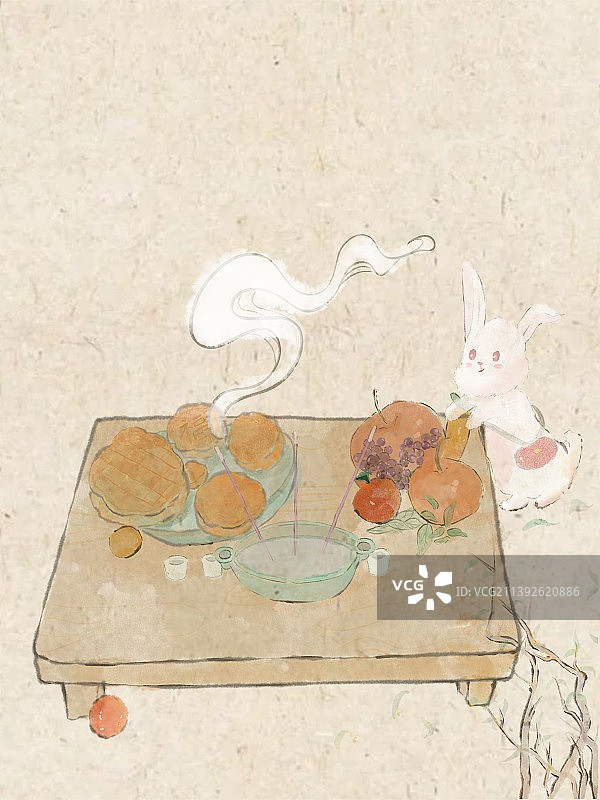 中国传统节日中秋节习俗祭月吃月饼喝月桂酒兔年兔子水墨国风插画图片素材
