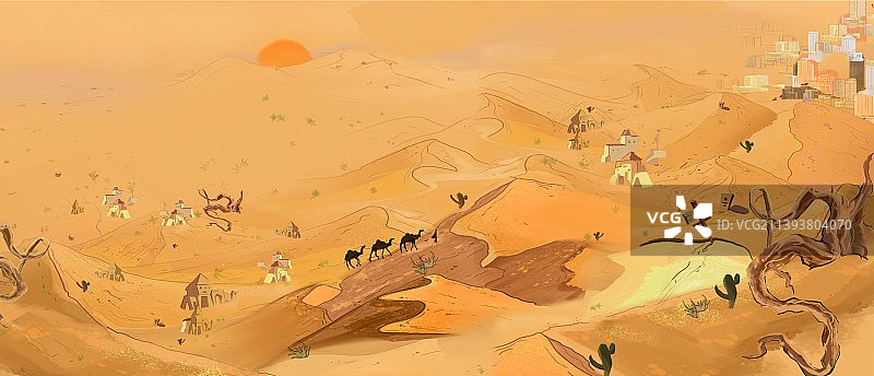 西北自然风景新疆宁夏撒哈拉腾格里沙漠落日骆驼塞上江南图片素材