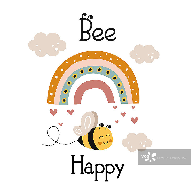 海报上有可爱快乐的蜜蜂和彩虹图片素材