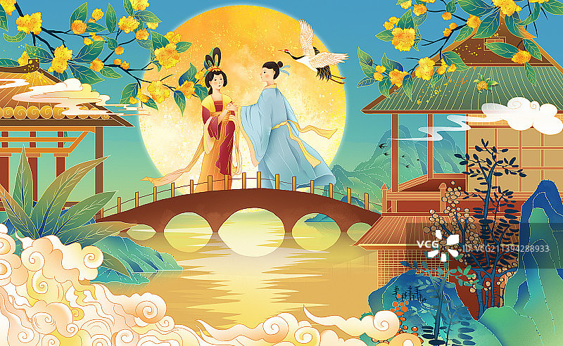 七夕满月时石桥上情侣相会 七 古代神话传说场景 国潮插画图片素材
